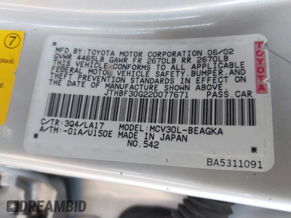 2002 Lexus ES 300 z VIN JTHBF30G220077671, wystawiony jako IAAI lot #42084128 z przebiegiem 143 975 mil mil oraz . Historia ofert i sprzedaży dostępna na DreamBid. Obrazek 9.
