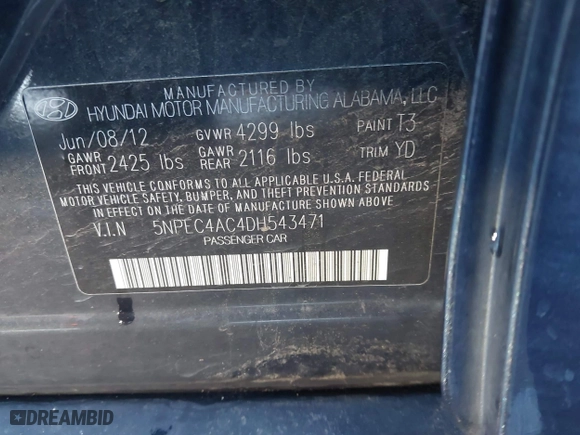 2013 Hyundai Sonata SE with VIN 5NPEC4AC4DH543471, listed as a IAAI auction lot 41267966 with 143,471 mi miles. Bid and sale history available at carsss.com. Image 9.