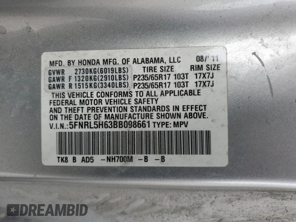 2011 Honda Odyssey EX-L with VIN 5FNRL5H63BB098661, listed as a Copart auction lot 52566345 with 177,071 mi miles and Salvage Title. Bid and sale history available at DreamBid. Image 16.