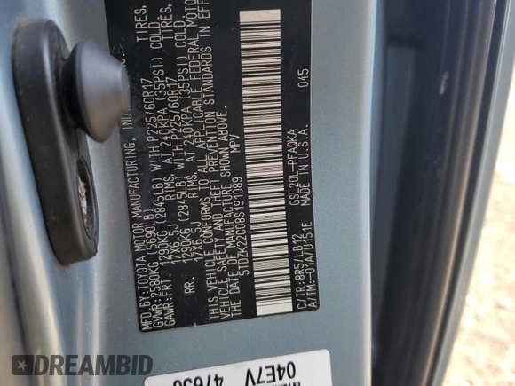 2008 Toyota Sienna XLE with VIN 5TDZK22C08S191089, listed as a Copart auction lot 51971095 with Not Provided miles and Salvage Title. Bid and sale history available at DreamBid. Image 15.
