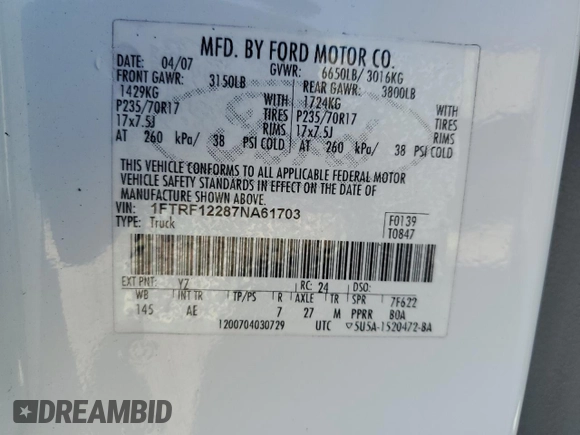 2007 Ford F-150 XL with VIN 1FTRF12287NA61703, listed as a Copart auction lot 47027105 with Not provided miles and Salvage title. Bid and sale history available at DreamBid. Image 14.