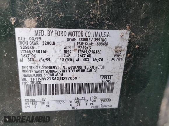 1999 Ford Super Duty F-250 XL with VIN 1FTNW21S6XED97050, listed as a Copart auction lot 45751325 with 122,662 mi miles and Salvage Title. Bid and sale history available at carsss.com. Image 12.