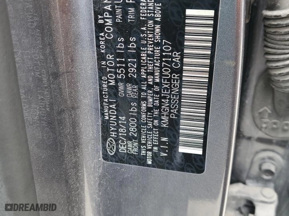 2015 Hyundai Genesis 3.8L with VIN KMHGN4JEXFU071107, listed as a Copart auction lot 47771185 with 82,060 mi miles and Salvage Title. Bid and sale history available at carsss.com. Image 14.