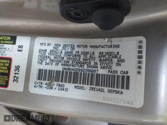 2009 Toyota Corolla с VIN 1NXBU40E89Z056687, выставлен на аукционе IAAI как лот 42429633 с пробегом 179 656 миль миль и . История ставок и продаж доступна на DreamBid. Изображение 9.