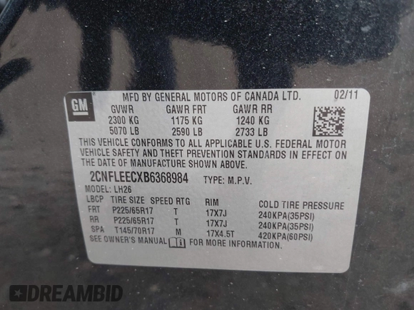2011 Chevrolet Equinox 1LT with VIN 2CNFLEECXB6368984, listed as a IAAI auction lot 42191782 with 149,977 mi miles and . Bid and sale history available at DreamBid. Image 9.