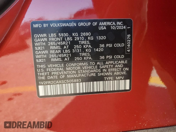 2025 Volkswagen Atlas SEL Premium R-Line z VIN 1V2FR2CAXSC505883, wystawiony jako Copart lot #44755475 z przebiegiem Nie podano mil oraz Szkoda całkowita • Salvage title. Historia ofert i sprzedaży dostępna na DreamBid. Obrazek 13.