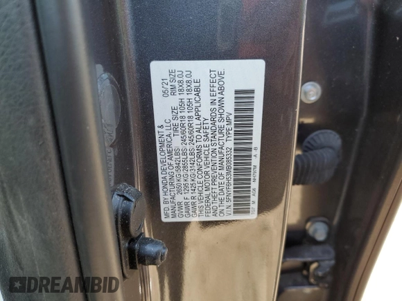 2021 Honda Pilot EX-L with VIN 5FNYF6H53MB085332, listed as a Copart auction lot 50168585 with 60,170 mi miles and Non Repairable. Bid and sale history available at DreamBid. Image 13.