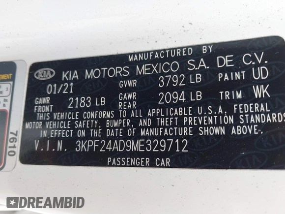2021 Kia Forte LXS z VIN 3KPF24AD9ME329712, wystawiony jako IAAI lot #39462725 z przebiegiem 36 326 mil mil oraz . Historia ofert i sprzedaży dostępna na DreamBid. Obrazek 9.