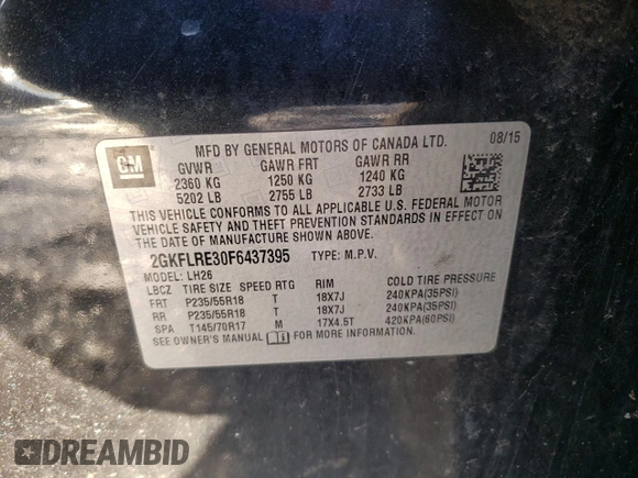 2015 GMC Terrain SLE with VIN 2GKFLRE30F6437395, listed as a Copart auction lot 44604335 with 164,635 mi miles and Salvage title. Bid and sale history available at DreamBid. Image 13.