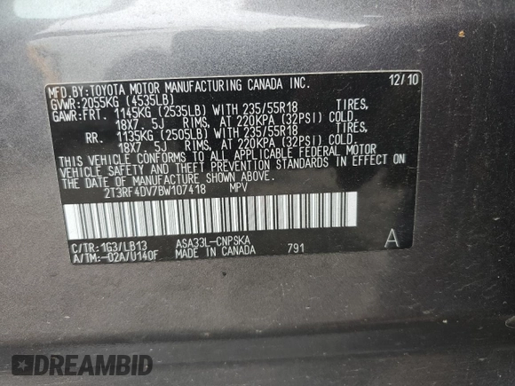 2011 Toyota RAV4 Sport with VIN 2T3RF4DV7BW107418, listed as a Copart auction lot 60255935 with 70,483 mi miles and Salvage title. Bid and sale history available at DreamBid. Image 12.