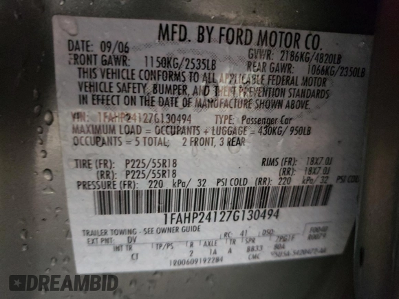 2007 Ford Five Hundred SEL with VIN 1FAHP24127G130494, listed as a Copart auction lot 80520394 with Not Provided miles and Salvage Title. Bid and sale history available at carsss.com. Image 13.