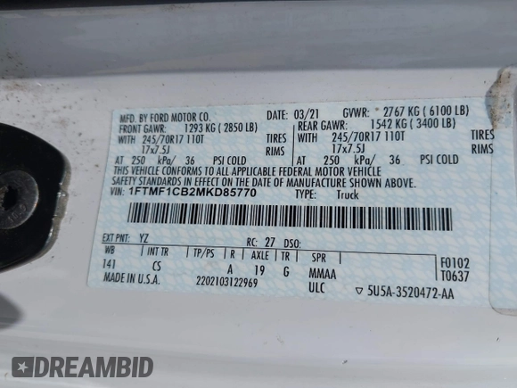 2021 Ford F-150 XL with VIN 1FTMF1CB2MKD85770, listed as a IAAI auction lot 42175883 with 129,366 mi miles and . Bid and sale history available at DreamBid. Image 9.