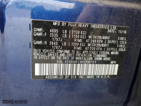 2017 Subaru Outback Premium with VIN 4S4BSAFC9H3296121, listed as a Copart auction lot 47493055 with 93,648 mi miles and Salvage Title. Bid and sale history available at carsss.com. Image 12.