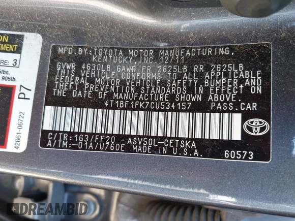 2012 Toyota Camry L with VIN 4T1BF1FK7CU534157, listed as a IAAI auction lot 41986320 with 162,866 mi miles. Bid and sale history available at carsss.com. Image 9.