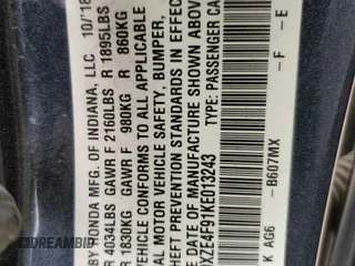 2019 Honda Insight Touring with VIN 19XZE4F91KE013243, listed as a Copart auction lot 52947255 with 25,236 mi miles and Salvage Title. Bid and sale history available at carsss.com. Image 12.