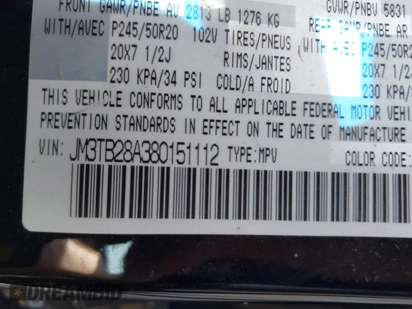 2008 Mazda CX-9 Grand Touring with VIN JM3TB28A380151112, listed as a IAAI auction lot 42115881 with 213,956 mi miles and . Bid and sale history available at carsss.com. Image 9.