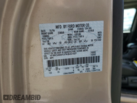 2007 Ford Escape Limited with VIN 1FMCU04137KB33107, listed as a Copart auction lot 55357475 with 200,698 mi miles and Clean title. Bid and sale history available at DreamBid. Image 13.