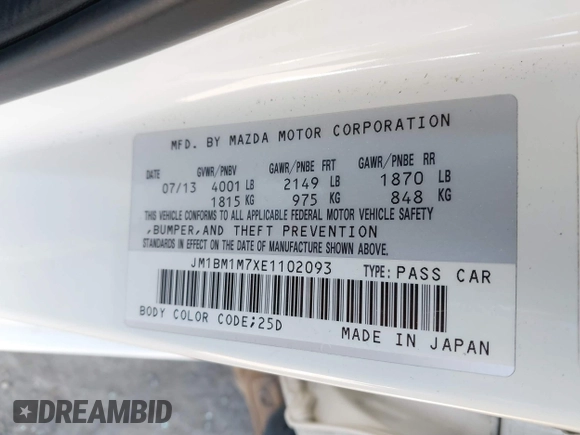 2014 Mazda 3 i Grand Touring with VIN JM1BM1M7XE1102093, listed as a IAAI auction lot 41344433 with 148,395 mi miles and . Bid and sale history available at DreamBid. Image 9.