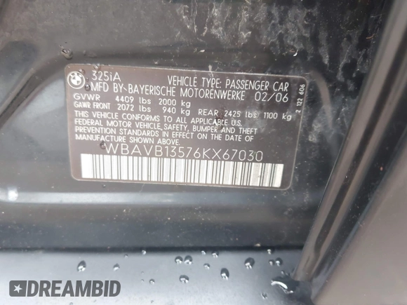2006 BMW 3 Series 325i z VIN WBAVB13576KX67030, wystawiony jako IAAI lot #42386135 z przebiegiem 173 744 mil mil oraz . Historia ofert i sprzedaży dostępna na DreamBid. Obrazek 9.