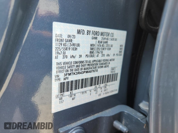 2023 Ford Mustang Mach-E Premium z VIN 3FMTK3R43PMA87670, wystawiony jako Copart lot #60697045 z przebiegiem 12 105 mil mil oraz Szkoda całkowita • Salvage title. Historia ofert i sprzedaży dostępna na DreamBid. Obrazek 14.