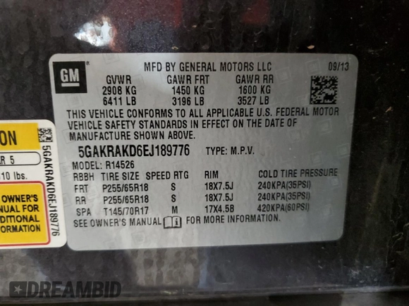 2014 Buick Enclave Convenience with VIN 5GAKRAKD6EJ189776, listed as a Copart auction lot 48827775 with 171,138 mi miles and Salvage Title. Bid and sale history available at carsss.com. Image 13.