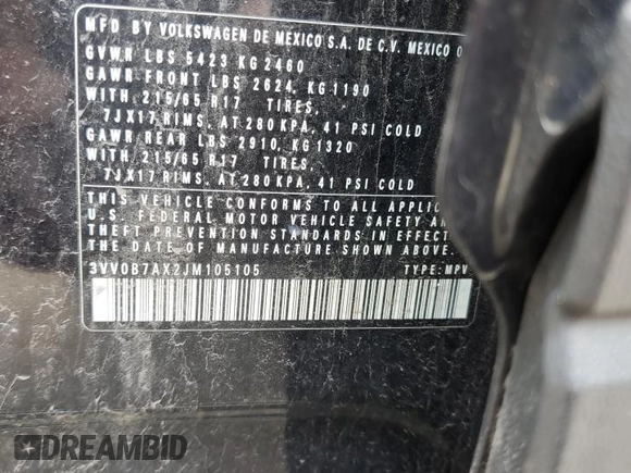 2018 Volkswagen Tiguan S с VIN 3VV0B7AX2JM105105, выставлен на аукционе Copart как лот 55282085 с пробегом 153 133 миль миль и На запчасти • Non repairable. История ставок и продаж доступна на DreamBid. Изображение 14.