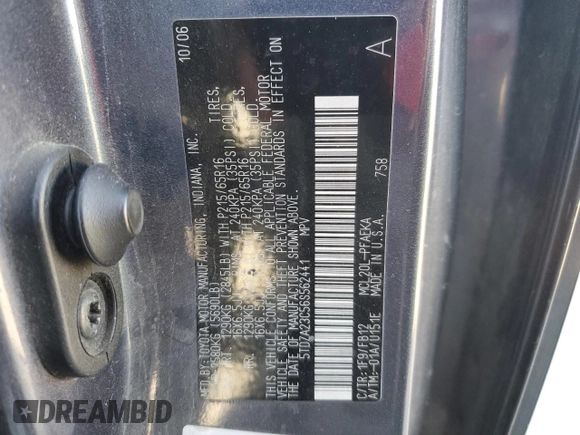 2006 Toyota Sienna CE with VIN 5TDZA23C56S562441, listed as a Copart auction lot 55182905 with 217,434 mi miles and Clean Title. Bid and sale history available at DreamBid. Image 13.