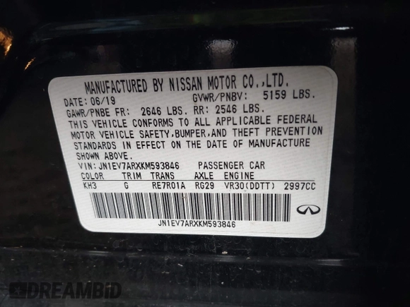 2019 Infiniti Q50 Luxe with VIN JN1EV7ARXKM593846, listed as a IAAI auction lot 42773548 with 57,165 mi miles and . Bid and sale history available at DreamBid. Image 9.