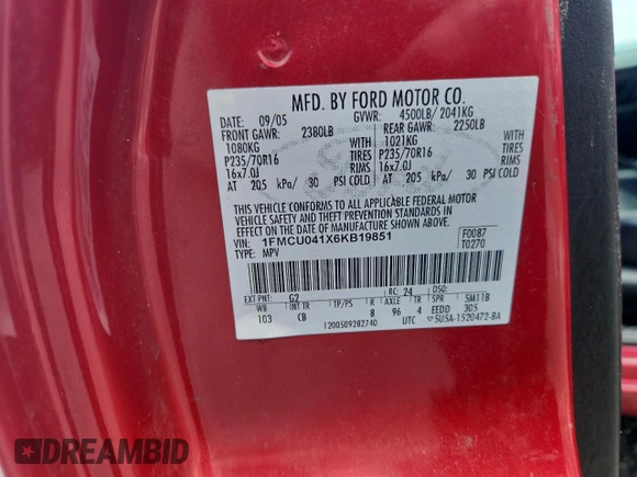 2006 Ford Escape Limited z VIN 1FMCU041X6KB19851, wystawiony jako Copart lot #63636955 z przebiegiem 98 400 mil mil oraz Szkoda całkowita • Salvage title. Historia ofert i sprzedaży dostępna na DreamBid. Obrazek 13.