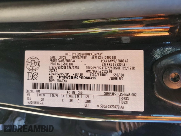 2023 Ford F-350 XL с VIN 1FT8W3BM0PED88315, выставлен на аукционе Copart как лот 57385935 с пробегом 39 672 миль миль и На запчасти • Non repairable. История ставок и продаж доступна на DreamBid. Изображение 12.