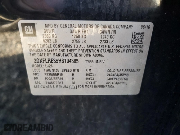2017 GMC Terrain Denali z VIN 2GKFLRE35H6104385, wystawiony jako Copart lot #49661185 z przebiegiem 79 520 mil mil oraz Szkoda całkowita • Salvage title. Historia ofert i sprzedaży dostępna na DreamBid. Obrazek 15.