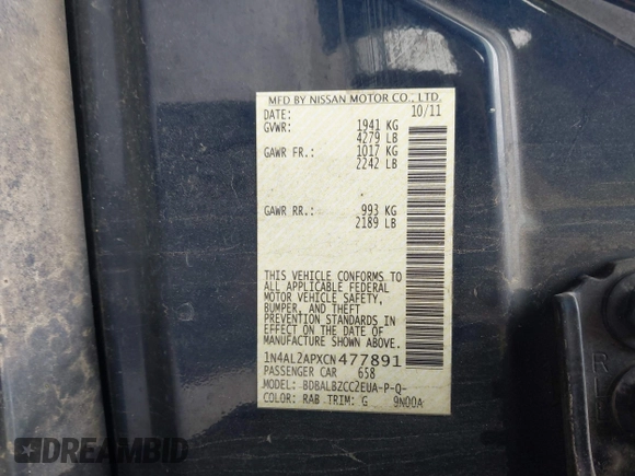2012 Nissan Altima S z VIN 1N4AL2APXCN477891, wystawiony jako IAAI lot #42480305 z przebiegiem 176 978 mil mil oraz . Historia ofert i sprzedaży dostępna na DreamBid. Obrazek 9.