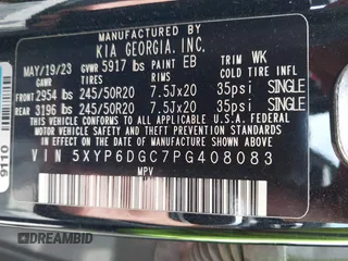 2023 Kia Telluride S с VIN 5XYP6DGC7PG408083, выставлен на аукционе IAAI как лот 42679379 с пробегом 23 125 миль миль и . История ставок и продаж доступна на DreamBid. Изображение 9.