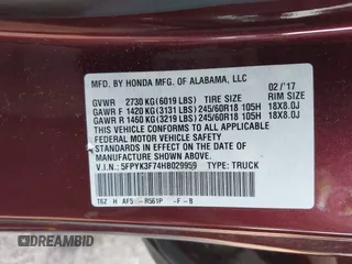 2017 Honda Ridgeline RTL-E with VIN 5FPYK3F74HB029959, listed as a IAAI auction lot 40530840 with 95,596 mi miles and . Bid and sale history available at DreamBid. Image 9.
