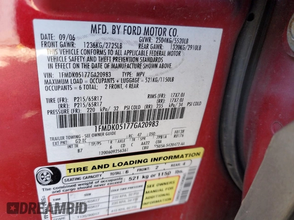 2007 Ford Freestyle SEL z VIN 1FMDK05177GA20983, wystawiony jako Copart lot #81134974 z przebiegiem Nie podano mil oraz Szkoda całkowita • Salvage title. Historia ofert i sprzedaży dostępna na DreamBid. Obrazek 12.