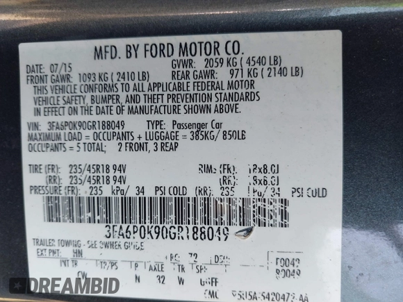 2016 Ford Fusion Titanium with VIN 3FA6P0K90GR188049, listed as a IAAI auction lot 42575477 with 239,414 mi miles and . Bid and sale history available at DreamBid. Image 9.