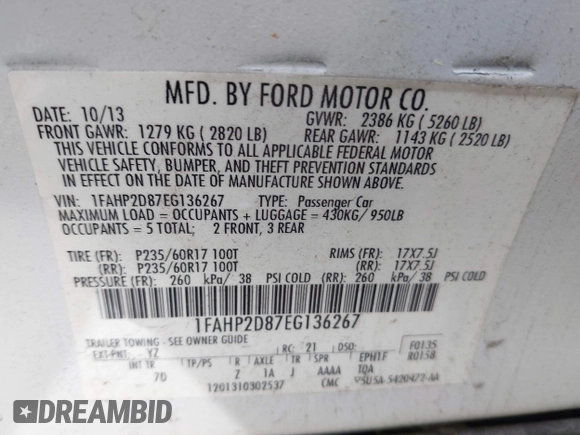 2014 Ford Taurus SE с VIN 1FAHP2D87EG136267, выставлен на аукционе IAAI как лот 42224665 с пробегом 201 540 миль миль и . История ставок и продаж доступна на DreamBid. Изображение 9.