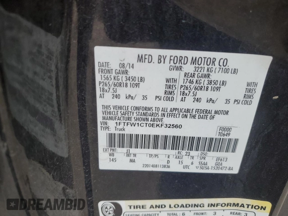 2014 Ford F-150 XL z VIN 1FTFW1CT0EKF32560, wystawiony jako Copart lot #44336605 z przebiegiem Nie podano mil oraz Szkoda całkowita • Salvage title. Historia ofert i sprzedaży dostępna na DreamBid. Obrazek 14.