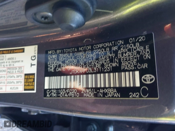 2020 Toyota Prius L Eco with VIN JTDKARFU3L3111231, listed as a IAAI auction lot 41398103 with 181,134 mi miles and . Bid and sale history available at DreamBid. Image 9.