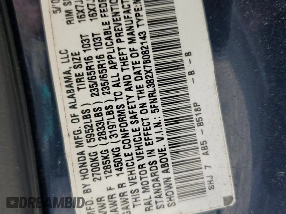2007 Honda Odyssey LX z VIN 5FNRL382X7B082143, wystawiony jako Copart lot #61271825 z przebiegiem 236 594 mil mil oraz Szkoda całkowita • Salvage title. Historia ofert i sprzedaży dostępna na DreamBid. Obrazek 14.