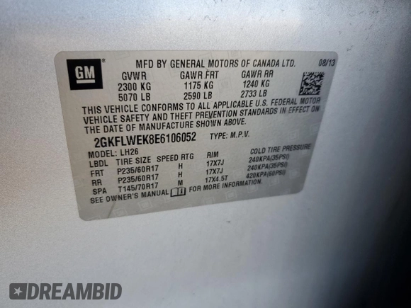 2014 GMC Terrain SLE with VIN 2GKFLWEK8E6106052, listed as a Copart auction lot 50052535 with 203,571 mi miles and Salvage Title. Bid and sale history available at carsss.com. Image 14.