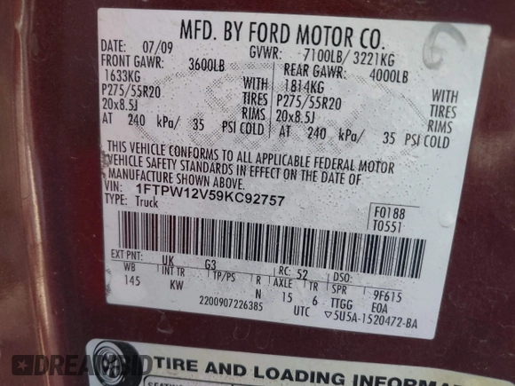 2009 Ford F-150 XL with VIN 1FTPW12V59KC92757, listed as a IAAI auction lot 42035890 with 423,095 mi miles. Bid and sale history available at carsss.com. Image 9.