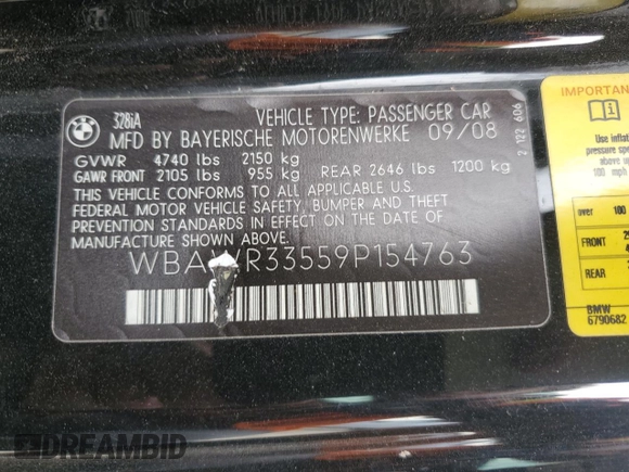2009 BMW 3 Series 328i with VIN WBAWR33559P154763, listed as a Copart auction lot 85948094 with 144,048 mi miles and Clean title. Bid and sale history available at DreamBid. Image 14.