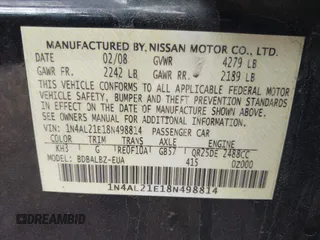 2008 Nissan Altima 2.5 SL with VIN 1N4AL21E18N498814, listed as a IAAI auction lot 41878890 with 154,532 mi miles. Bid and sale history available at carsss.com. Image 9.