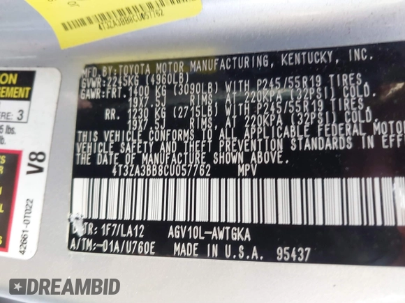 2012 Toyota Venza LE with VIN 4T3ZA3BB8CU057762, listed as a IAAI auction lot 41165650 with 114,298 mi miles and . Bid and sale history available at DreamBid. Image 9.
