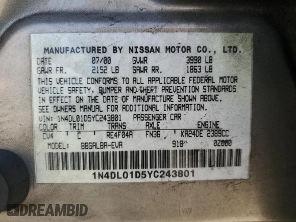 2000 Nissan Altima XE z VIN 1N4DL01D5YC243801, wystawiony jako Copart lot #52642985 z przebiegiem 237 665 mil mil oraz Szkoda całkowita • Salvage title. Historia ofert i sprzedaży dostępna na DreamBid. Obrazek 14.