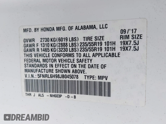 2018 Honda Odyssey Elite with VIN 5FNRL6H98JB045078, listed as a IAAI auction lot 42184758 with 144,981 mi miles. Bid and sale history available at carsss.com. Image 9.
