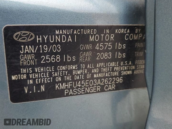 2003 Hyundai XG z VIN KMHFU45E03A262296, wystawiony jako Copart lot #67608394 z przebiegiem 116 296 mil mil oraz Szkoda całkowita • Salvage title. Historia ofert i sprzedaży dostępna na DreamBid. Obrazek 12.
