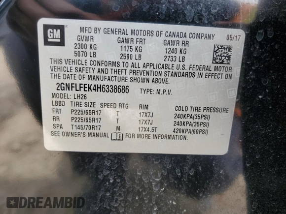 2017 Chevrolet Equinox LT with VIN 2GNFLFEK4H6338686, listed as a Copart auction lot 51620705 with 102,873 mi miles and Salvage Title. Bid and sale history available at DreamBid. Image 13.