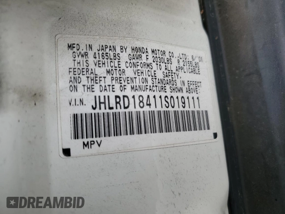 2001 Honda CR-V LX with VIN JHLRD18411S019111, listed as a Copart auction lot 51754404 with 154,142 mi miles and Salvage Title. Bid and sale history available at carsss.com. Image 14.